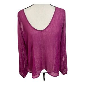 Lovers + Friends womens blouse V-neck sheer open sleeve pink sparkly size medium